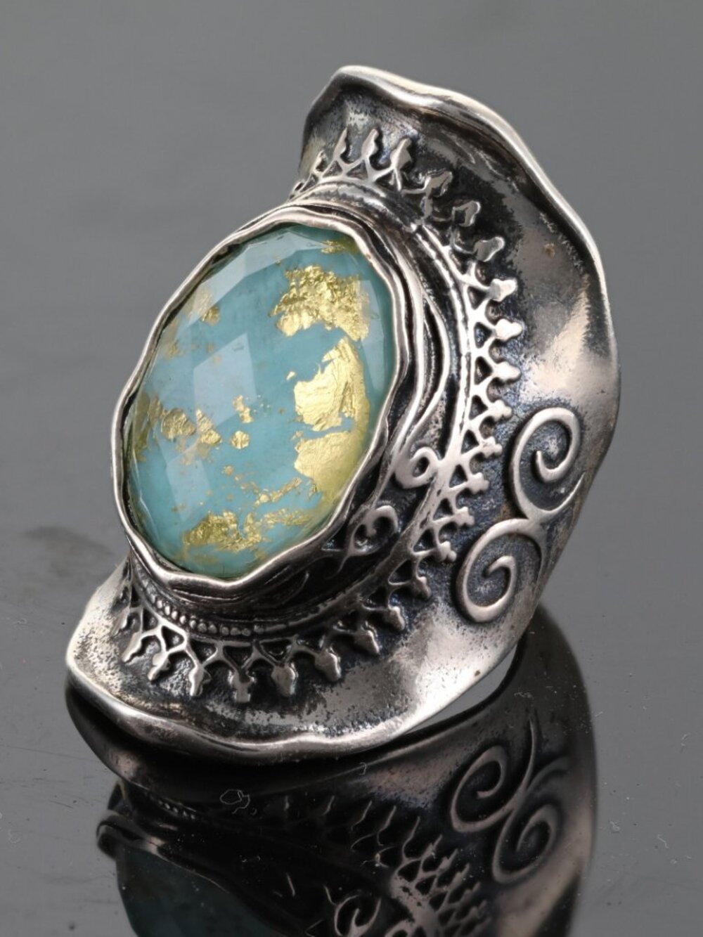 OR PAZ Byzantine-style ring sterling silver Roman stone w/Gold leaf sz 6.5